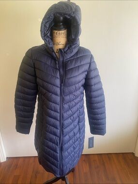 Tommy Hilfiger Quilted Long Hooded Puffer Coat - Navy Blue